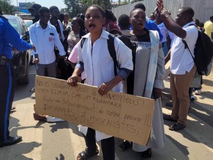 Health workers at the epicentre of the Ebola outbreak protest over unpaid wages at the provincial governor’s office in Ituri, eastern Congo, on Thursday.