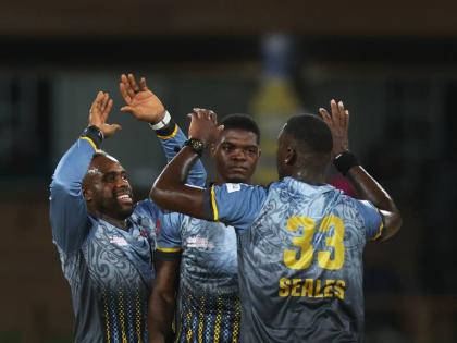 CPL T20/SmartFrame From left: Antigua and Barbuda Falcons captain Fabian Allen, Alzarri Joseph, and Jayden Seals celebrate during their nail-biting two-wicket over Jamaica Kingsmen in the opening match of the Caribbean Premier League at Arnos Vale in St V