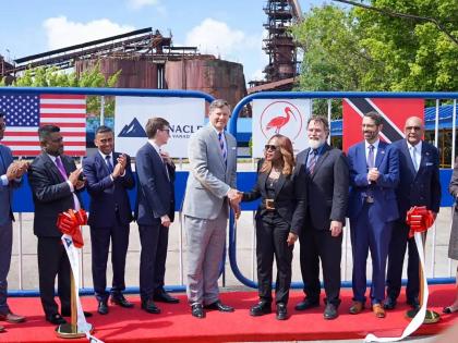 US Deputy Secretary of State Christopher Landau greets Works and Infrastructure Minister Jearlean John at the opening of Ibis Steel Company at Point Lisas, Trinidad, on the site of the former ArcelorMittal steel plant.