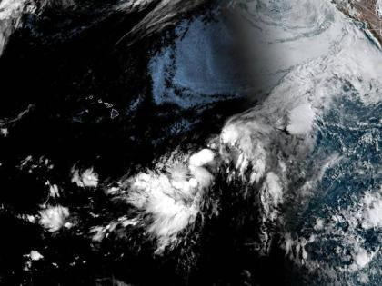 This NOAA satellite image taken at 11:38 a.m. EST on Wednesday, August 12, 2026, shows a Potential Tropical Cyclone One- C, about 1,000-miles east-southeast of the Hawaiian Islands. (NOAA via AP)