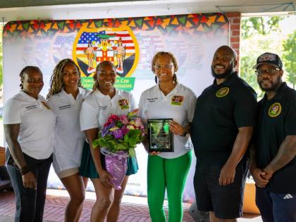 From left: Lieutenant Taneese Silvera, Detective Nickita Beckford, Detective Stacy Ann Kennedy, Lieutenant Danae McFarlane, Police Officer Rohan Lumsden, Detective Omar Wallace at the BBQ, Glen Island Park, New Rochelle, New York. 
