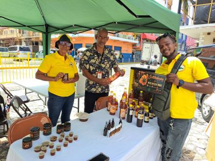 From left: Maurva Hines-Stone, operator of the Stone Ridge honey brand in Garlands, St James; Hugh Smith, the chief plant protection officer in the Ministry of Agriculture, Fisheries, and Mining’s Apiculture Unit; and Romario Scott, operator of the Scott
