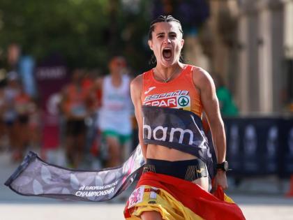 Spain’s María Pérez wins the women’s half marathon walk at the European Athletics Championships in Birmingham, England, yesterday.