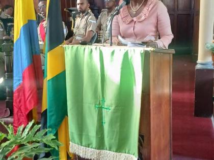 Colombian Ambassador to Jamaica Emiliana Bernard Stephenson addressing the gathering at the service to honour Rev’d Philip Beekman Livingston Jr at the East Queen Street Baptist Church, downtown Kingston on Sunday, August 16.