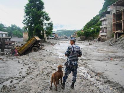 A policeman with a sniffer dog looks at the damage in the aftermath of flash floods in Devighat in the Nuwakot district in Nepal last Thursday.