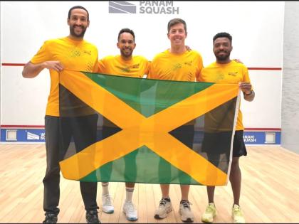 
From left: Jamaica squash players, Declan James, bronze medallist, Lewis Walters, Chris Binnie, and Tahjia Lumley. 