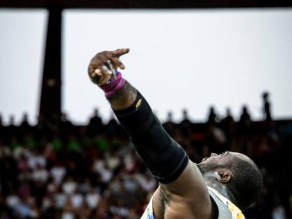 Rajindra Campbell of Jamaica competes in the men’s shot put competition during the World Athletics Diamond League meeting in Zurich, Switzerland, on Thursday, August 27.