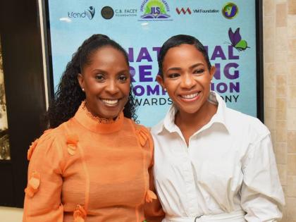 Chair of the Jamaica Library Board, Nicole McLaren Campbell (right), shares a photo opportunity with the Jamaica Library Service’s (JLS’s) new Reading Ambassador, Renee Wallace, during the JLS 2026 National Reading Competition Awards Ceremony, held at 