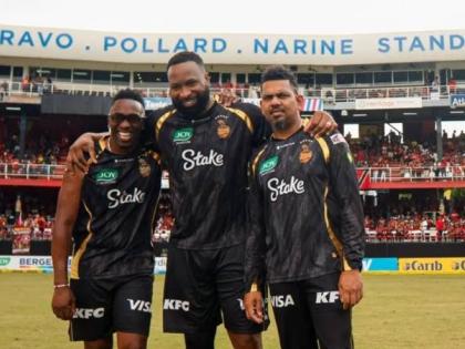 From left: Dwayne Bravo, Kieron Pollard and Sunil Narine during the renaming of a stand in their honour at the Queen’s Park Oval.