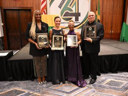 Jamaica Organization of New Jersey honourees (from left) Dr Janice Johnson Dias; Senator Kamina Johnson Smith, the minister of foreign affairs and foreign trade; Dr Valerie Miller; and Owen Eccles.
