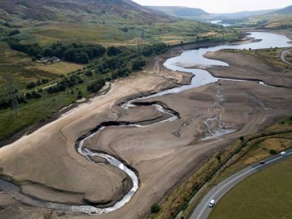 Woodhead reservoir is visible amid a drought near Manchester, England, August 13.