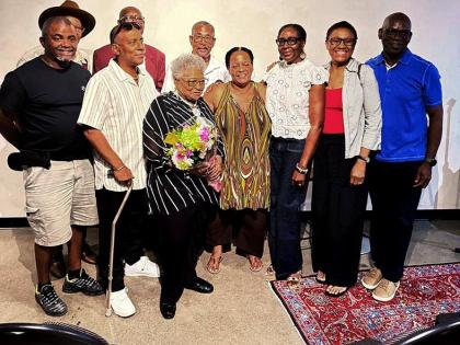 Florence Harrison (centre) with former students at the launch of a tribute book in her honour at the Blackhurst Cultural Centre in Toronto, Canada.