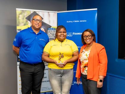 London Crawlle 2026 recipient of the Dr Rickert Allen Scholarship from NCB Foundation is flanked by the foundation’s CEO, Perrin Gayle (left) and University of the Commonwealth Caribbean’s Dean of the College of Graduate Studies and Research Dr Andrea 