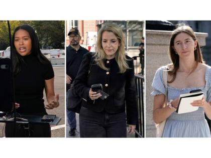 This combination of photos shows (from left) MS NOW White House reporter Akayla Gardne, CNN Senior White House Reporter Betsy Klein and Politico White House reporter Cheyenne Haslett near the White House complex in Washington after all were denied entry to