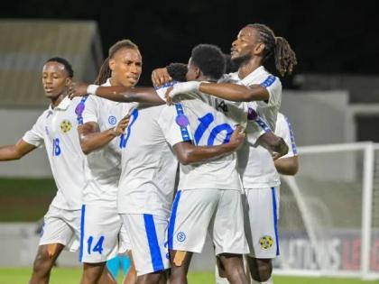 St Lucia’s players celebrate scoring a goal against Bermuda in their Concacaf Nations League Group B game on Monday.