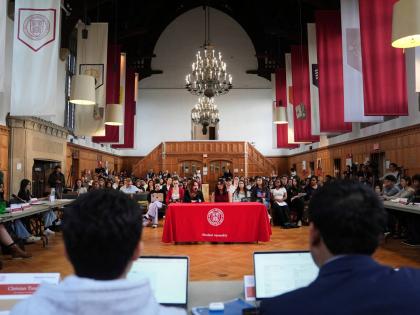 Cornell University students and ACLU student chapter members Jane Wang, left and Sophia Riley Sim speak about sexual violence on campus during a student assembly meeting at Cornell University in Ithaca, New York.,