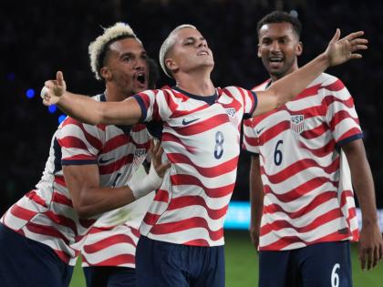 US forward Cavan Sullivan celebrates after scoring against Mexico in the second half of an international friendly match in Glendale, Arizona. Saturday, October 3, 2026. 