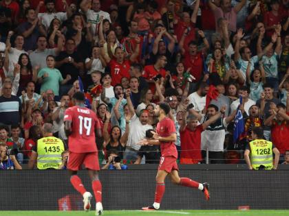 Portugal’s Goncalo Ramos (right) celebrates after scoring his side’s second goal during the Nations League  match between Portugal and Norway in Porto, Portugal, Sunday, October 4, 2026.  