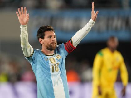 Argentina's Lionel Messi celebrates after scoring his side’s third goal from the penalty spot during his final match for the national team, a soccer friendly against Benin, in Buenos Aires, Argentina, Tuesday, Oct.6, 2026. (AP/Photo/Gustavo Garello)