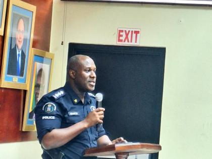 Deputy Superintendent Junior Smith speaking at the monthly meeting of the Clarendon Municipal Corporation on October 8, 2026.