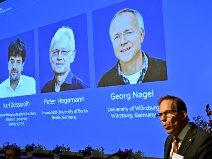 Karl Deisseroth, Peter Hegemann and Georg Nagel are shown on the screen as they are awarded the 2026 Nobel Prize in Physiology or Medicine, as announced during a press conference at the Nobel Forum at Karolinska Institutet in Stockholm, Sweden, Monday.