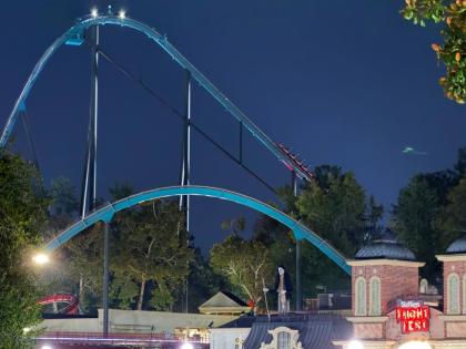 A roller coaster is shown at Six Flags over Georgia on Monday, Oct. 12, 2026 in Austell, Ga. (AP Photo/Emilie Megnien)