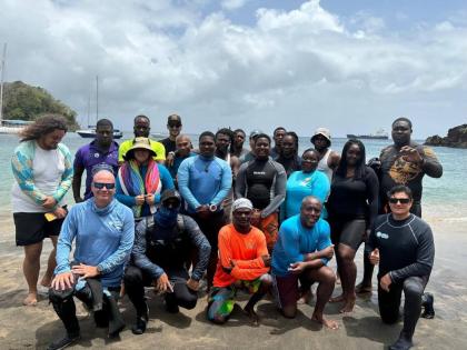 Participants pause for a photo after a successful day of Reef Emergency Response Training in St Vincent and the Grenadines. 