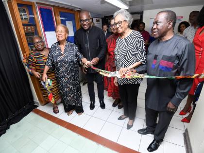 From left: Dr Leith Dunn, curator; Margaret Bernal Reckord, curator; Professor Densil Williams, principal of The University of the West Indies (UWI), Mona; Jessica Lewis Marshall, campus librarian; Rheima Hall, curator; and Professor Hopeton S. Dunn at the