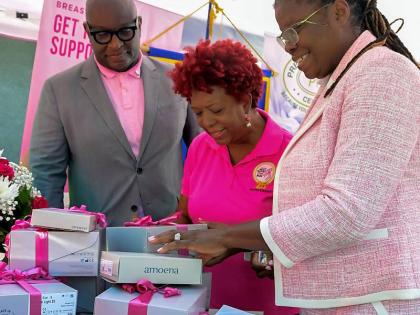 From left: Derrick Bernard, president of the Rotary Club of Downtown Kingston; Sandra Samuels, president of Jamaica Reach To Recovery; and Dr Derria Cornwall, consultant radiologist and director of the Women’s Imaging Centre at the University Hospital of