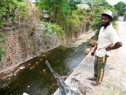 Sadekie Reid stands on the banks of Cassava Piece Gully where his grandmother Sonia Dubar fell and sustained injuries.