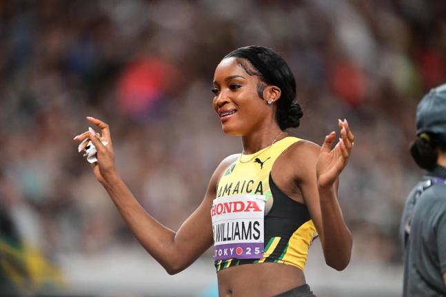 Stacey-Ann Williams of Jamaica  moments after placing second in her 400 metres heat in a personal-best 49.59 seconds on day two of the 2025 World Athletics Championships in Tokyo, Japan. 