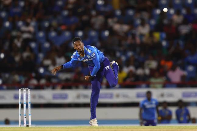 St Lucia Kings Khary Pierre bowling on his way to figures of 3-24 during a Caribbean Premier League game against Barbuda Falcons at the Daren Sammy National Stadium last year. 