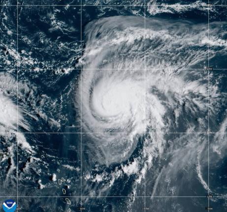 This satellite image provided by NOAA shows Hurricane Humberto on Friday, September 26, 2025. (NOAA via AP)