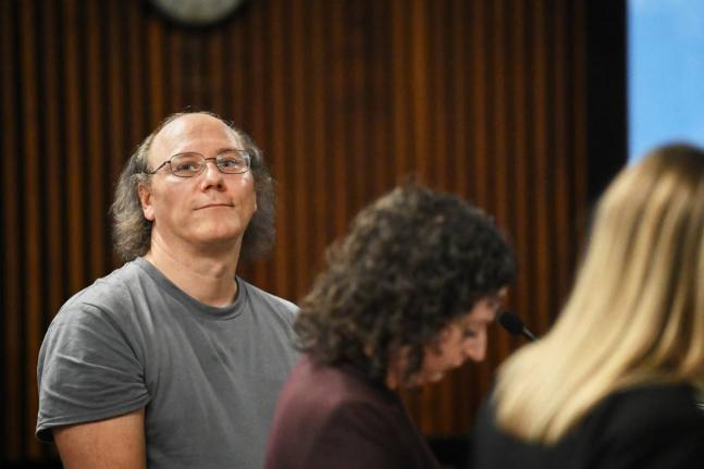 Lorenz Kraus, a 53-year-old man who was arrested for murder after telling a television news anchor that he killed his parents, is arraigned before Judge Joshua Farrell on Friday, September 26, 2025, at Albany City Court in Albany, N.Y. (Will Waldron/The Al