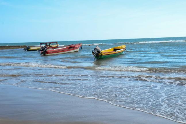 Fishing boats bobbing on the sea on the Jamaican coastline.