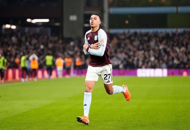 Aston Villa’s Morgan Rogers celebrates after scoring his side’s second goal of the game during the English Premier League match against Manchester United, in Birmingham, England, on Sunday. Villa won 2-1.