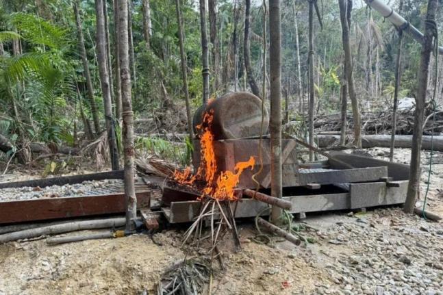 This image provided by Interpol shows an illegal gold mining site on December 18, 2025, in the Upper Takutu-Upper Esequibo region of Guyana. 