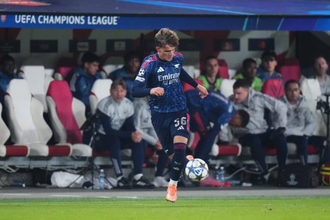 Arsenal’s Max Dowman runs with the ball during the Champions League opening phase match between Slavia Prague and Arsenal in Prague, Czech Republic, on November 4, 2025.