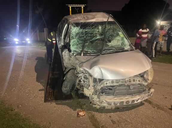 A wrecker hauls away the silver Toyota Belta motor car involved in a fatal crash in Sandy Bay, Clarendon on February 2, 2026. 