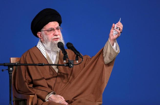 In this photo released by the official website of the office of the Iranian supreme leader, Supreme Leader Ayatollah Ali Khamenei speaks to a group of people and officials in Tehran, Iran, in March 2025. 