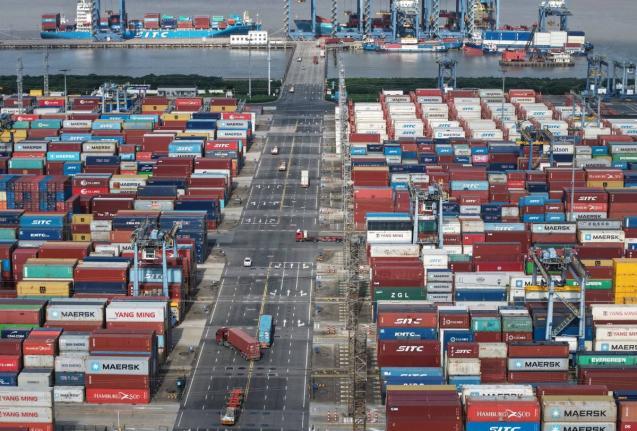 An aerial view of a container terminal in seen in Shanghai on March 10, 2026. (Chinatopix via AP)

