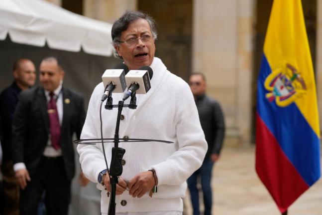 Colombia's President Gustavo Petro speaks after voting during legislative elections in Bogota, Colombia on March 8, 2026. (AP Photo/Fernando Vergara)