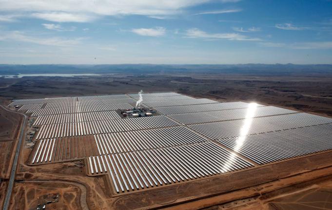 An aerial view of a solar power plant in Ouarzazate, central Morocco.