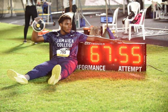 Joseph Salmon of Jamaica College celebrates after breaking the boys’ Class One discus record twice and winning gold at the ISSA/GraceKennedy Boys and Girls Athletics Championships on March 26, 2026. 