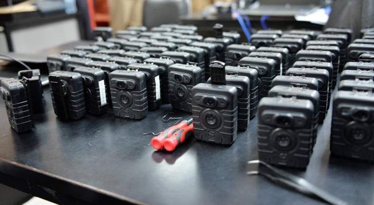 This file photo shows body-worn cameras on display at the Police Commissioner's Office in St Andrew.