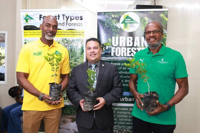 From left: Ainsley Henry, CEO of the Forestry Department and Conservator of Forests; Matthew Samuda, minister of water, environment and climate change; and Alfred Francis, managing director of Running Events Jamaica, are captured during the official launch