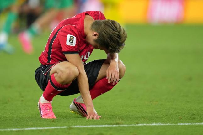 AP 
South Korea’s Lee Kang-in (19) reacts at the end of the World Cup Group A football match against South Africa in Guadalupe, near Monterrey, Mexico, Wednesday, June 24.