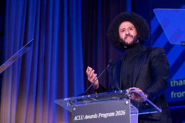 AP 
Colin Kaepernick speaks at the ACLU’s 2026 Biennial Leadership Conference, Friday in Washington. 
