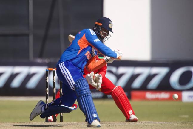 India batsman Vaibhav Sooryavanshi plays a shot during the third T20 cricket match against Zimbabwe in Harare, Zimbabwe, yesterday.
