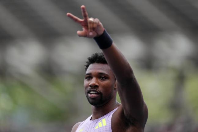 Noah Lyles of the United States, gestures after finishing second in the men’s 100 metres at the Meeting de Paris Diamond League athletics meet in Paris, Sunday, June 28.
